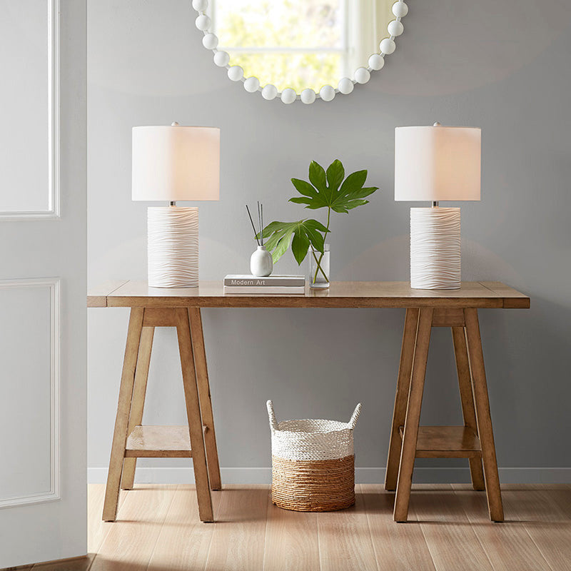 White Textured Resin Table Lamp with Round Drum Shade