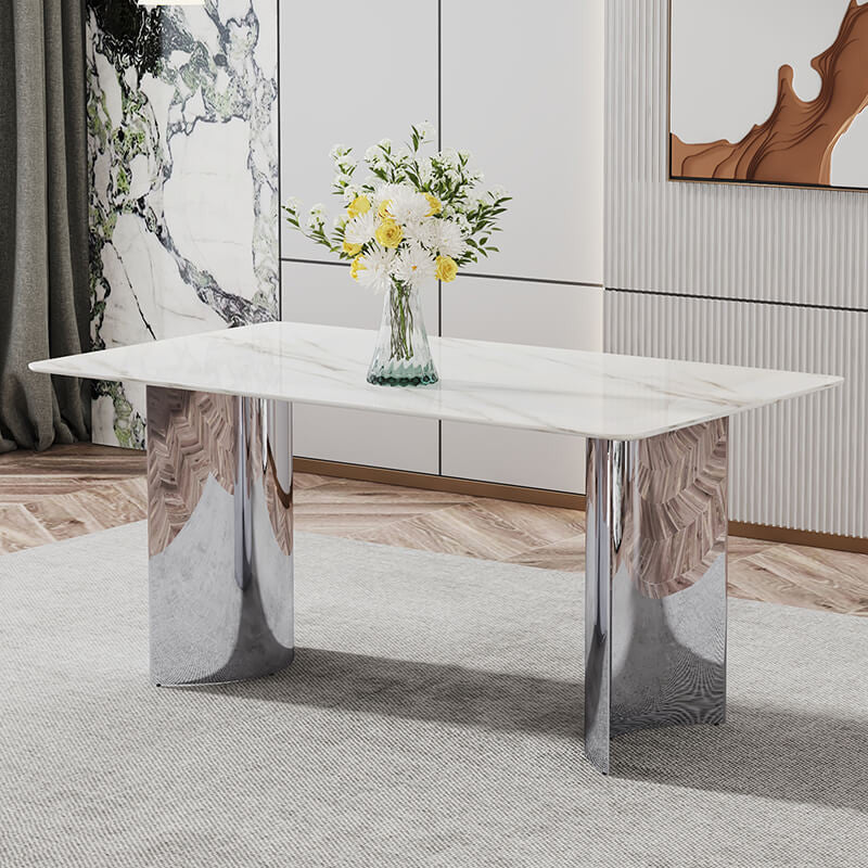 White Faux Marble Glass Dining Table with Stainless Steel Legs