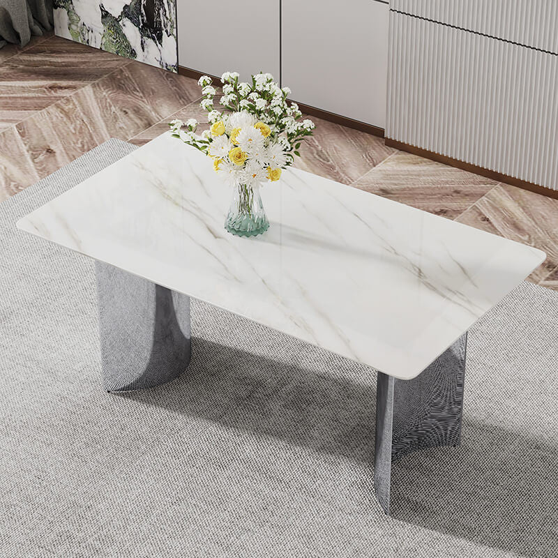 White Faux Marble Glass Dining Table with Stainless Steel Legs