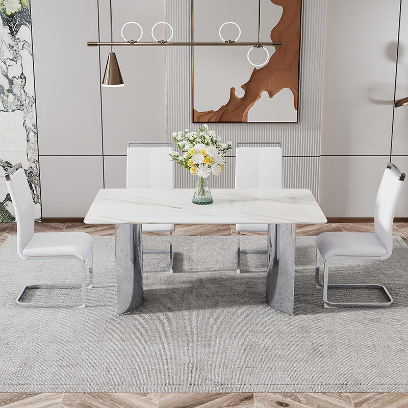 White Faux Marble Glass Dining Table with Stainless Steel Legs