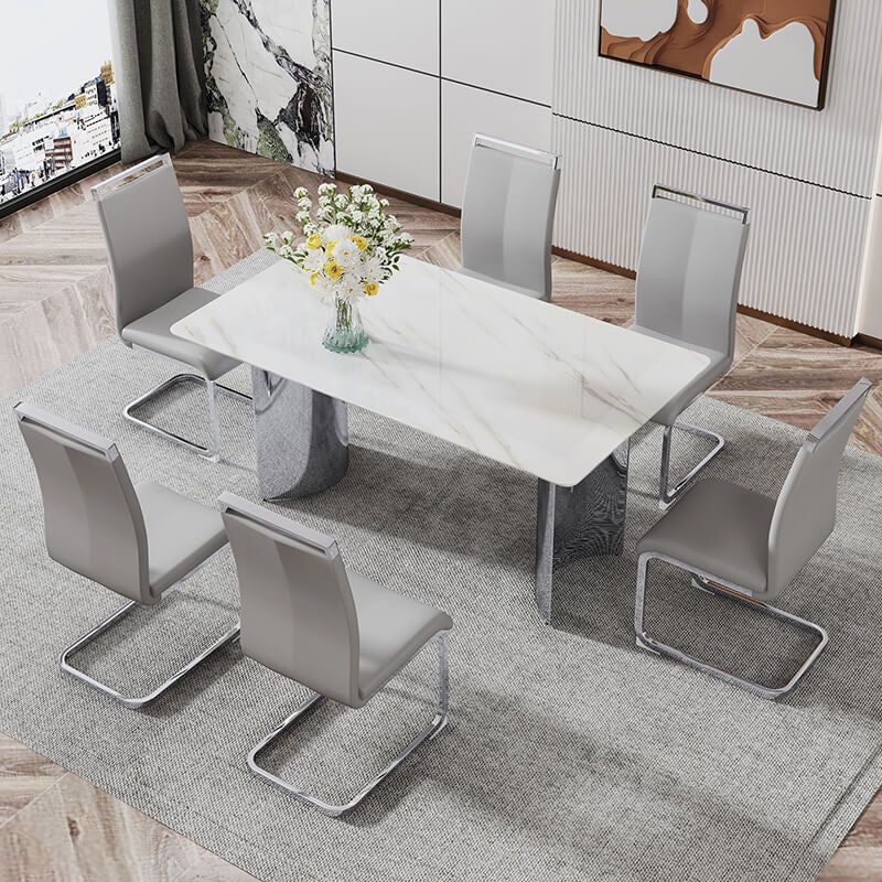 White Faux Marble Glass Dining Table with Stainless Steel Legs