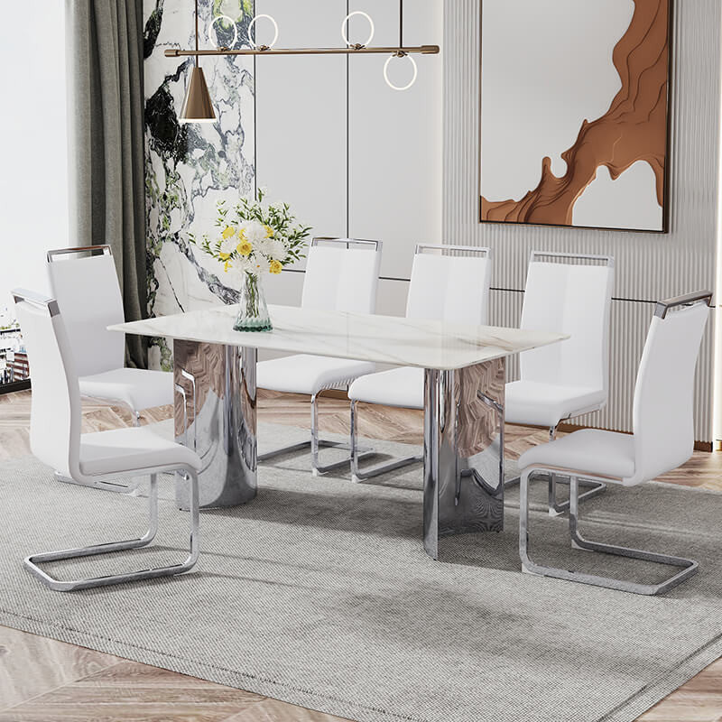 White Faux Marble Glass Dining Table with Stainless Steel Legs