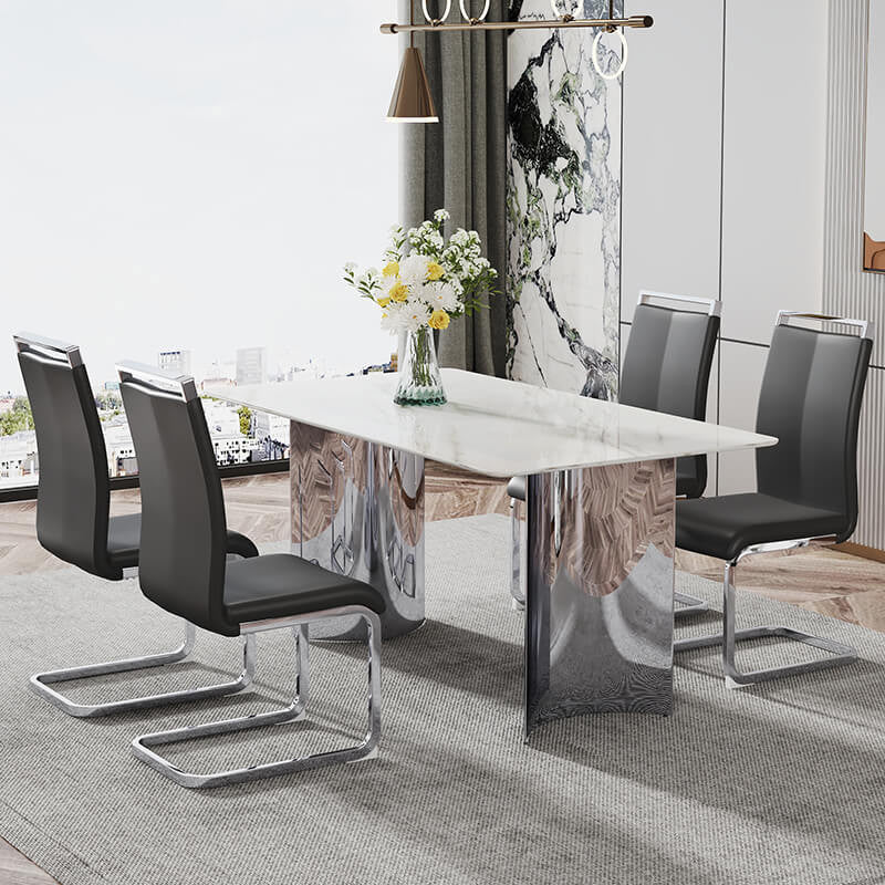 White Faux Marble Glass Dining Table with Stainless Steel Legs