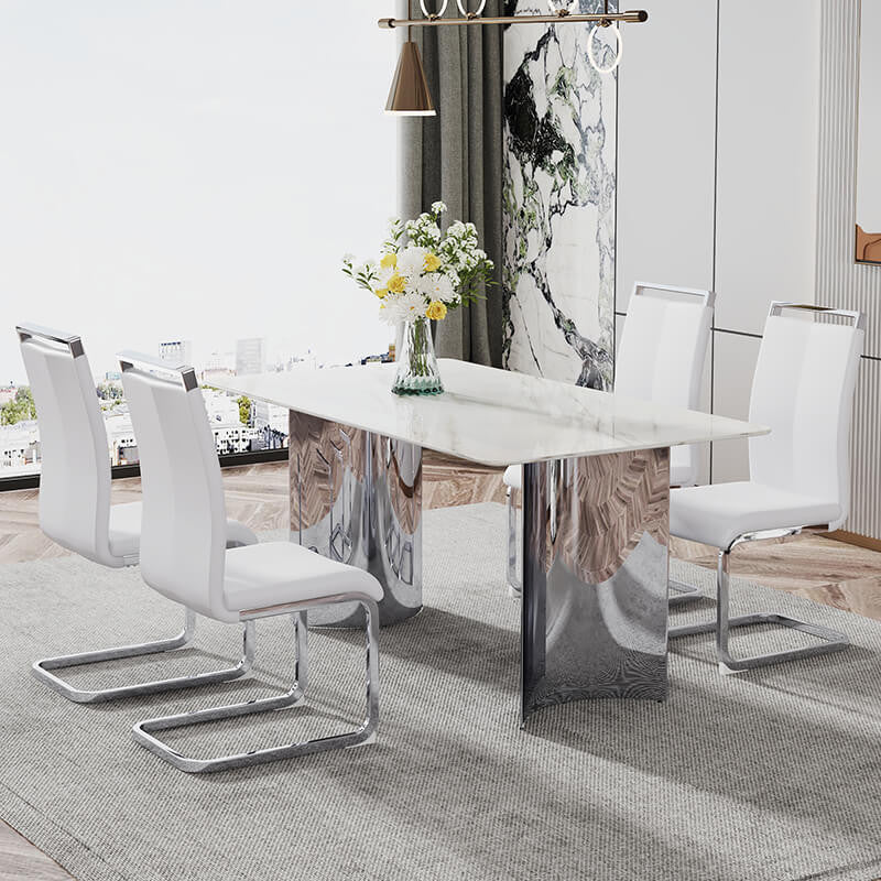 White Faux Marble Glass Dining Table with Stainless Steel Legs