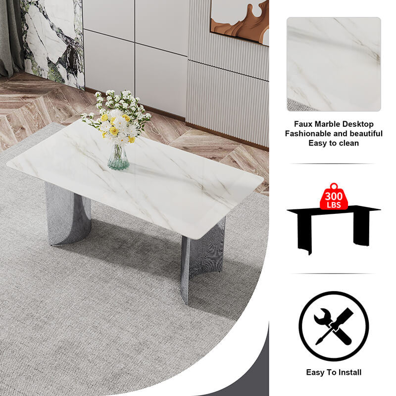 White Faux Marble Glass Dining Table with Stainless Steel Legs