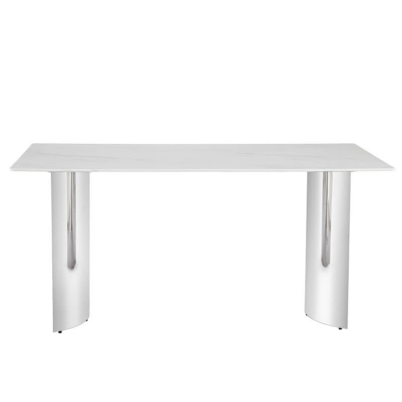 White Faux Marble Glass Dining Table with Stainless Steel Legs