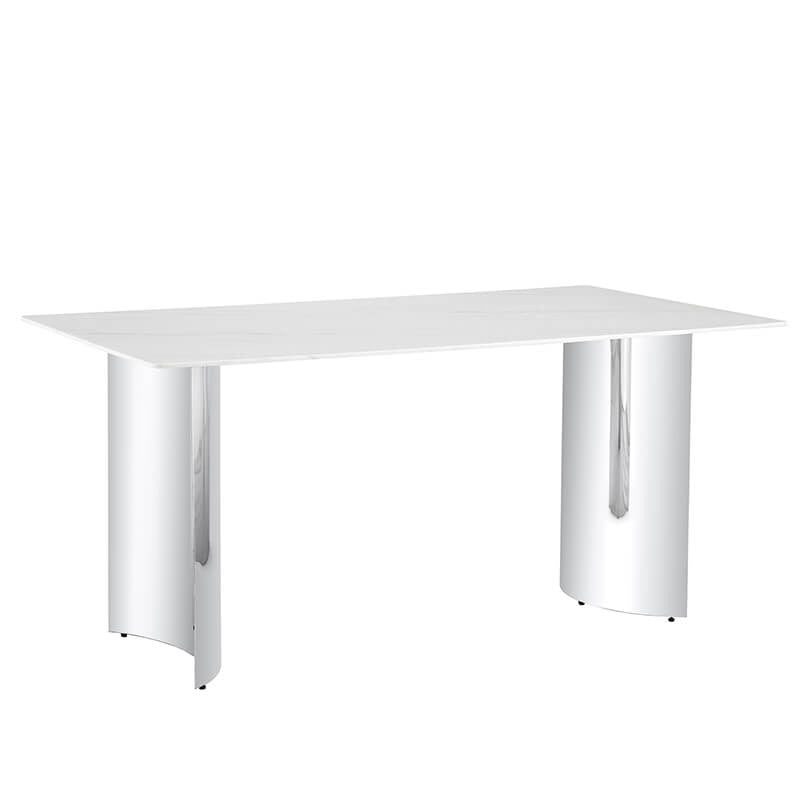 White Faux Marble Glass Dining Table with Stainless Steel Legs