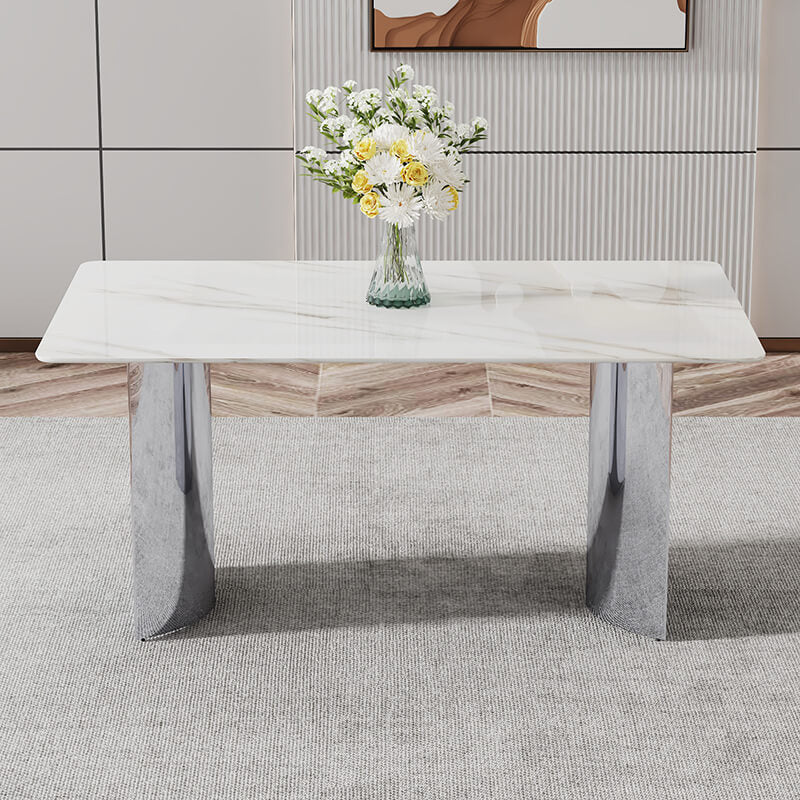 White Faux Marble Glass Dining Table with Stainless Steel Legs