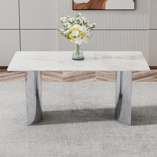 White Faux Marble Glass Dining Table with Stainless Steel Legs