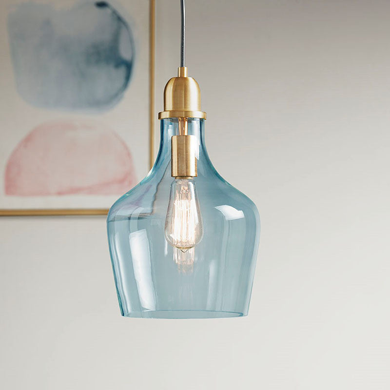 Auburn Bell-Shaped Glass Pendant Light in Gold & Blue Finish