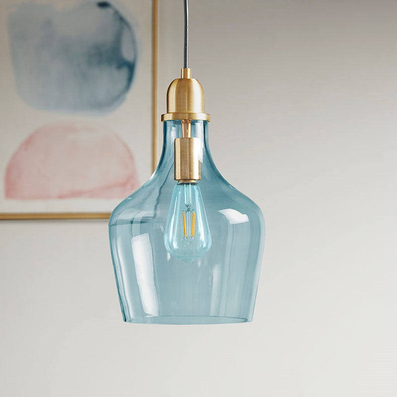 Auburn Bell-Shaped Glass Pendant Light in Gold & Blue Finish