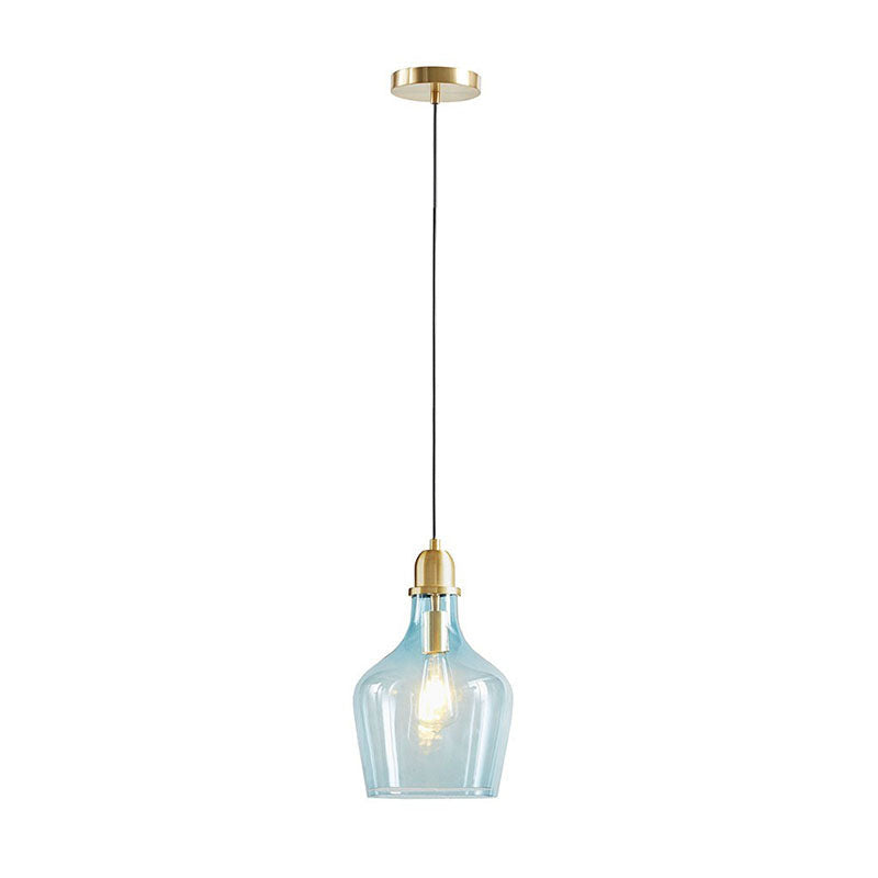 Auburn Bell-Shaped Glass Pendant Light in Gold & Blue Finish