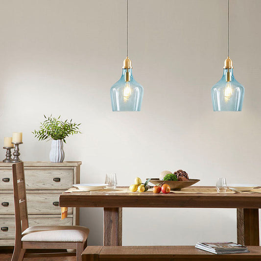 Auburn Bell-Shaped Glass Pendant Light in Gold & Blue Finish