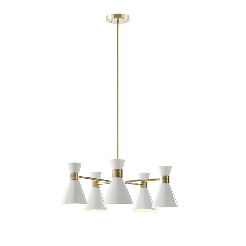 5 light White Metal Chandelier in Cone-Shaped Shade & Antique Brass