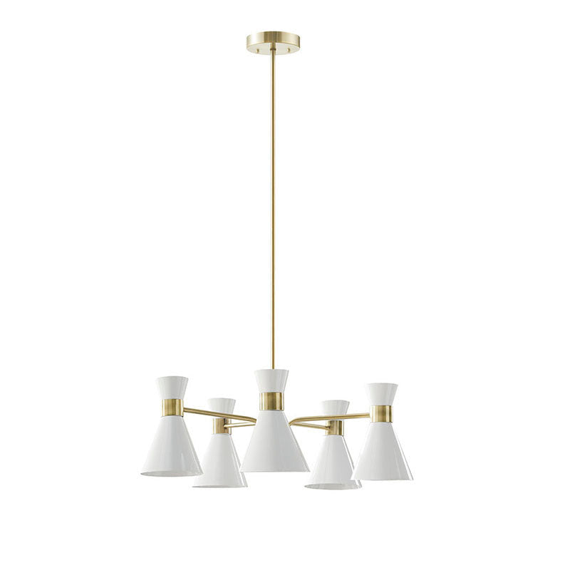 5 light White Metal Chandelier in Cone-Shaped Shade & Antique Brass