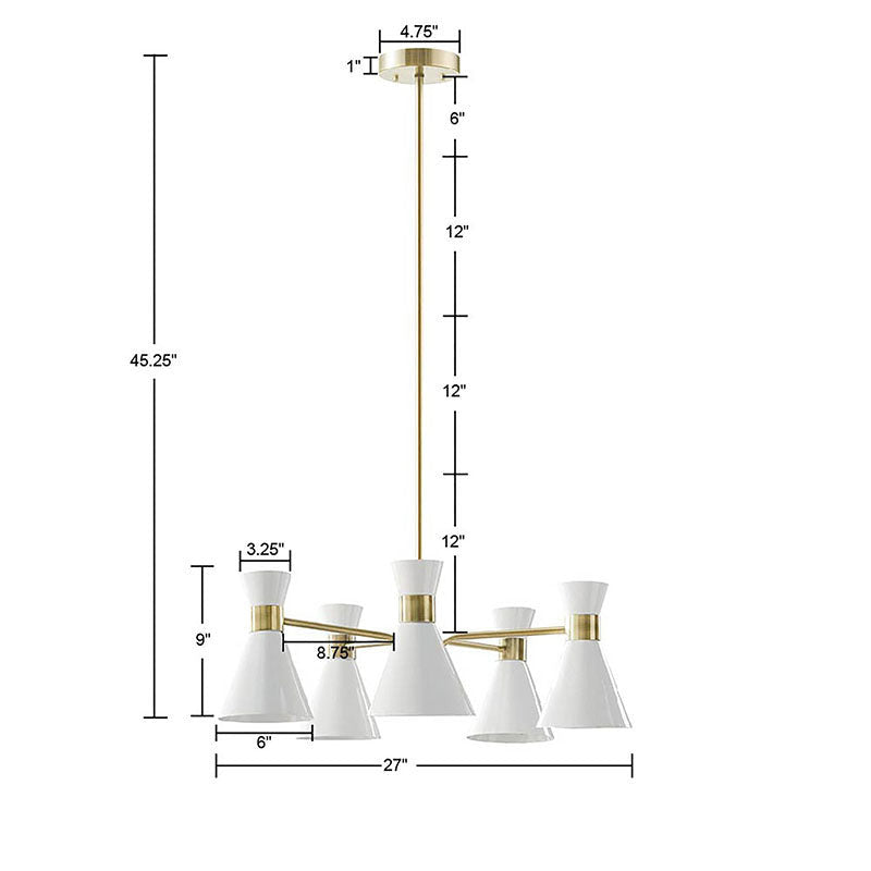 5 light White Metal Chandelier in Cone-Shaped Shade & Antique Brass