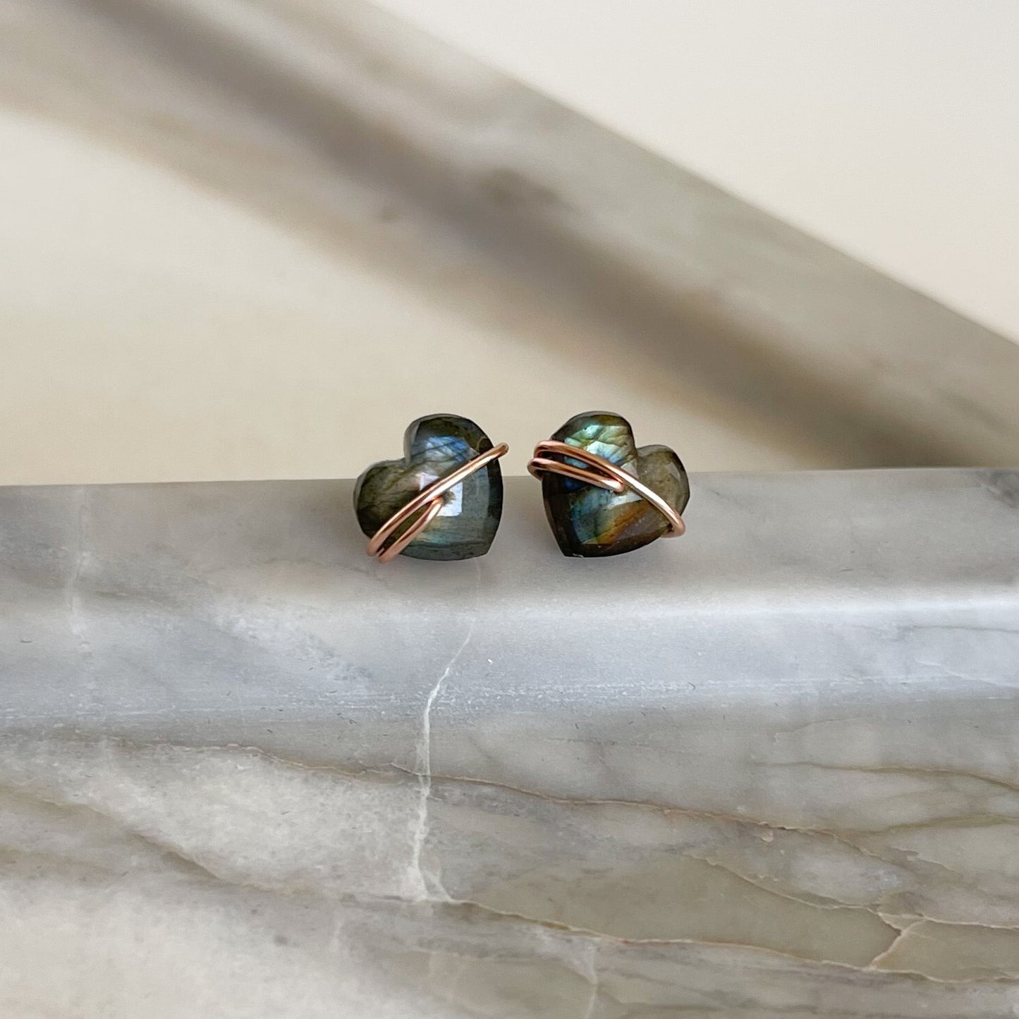 labradorite rosegold heart stud earrings