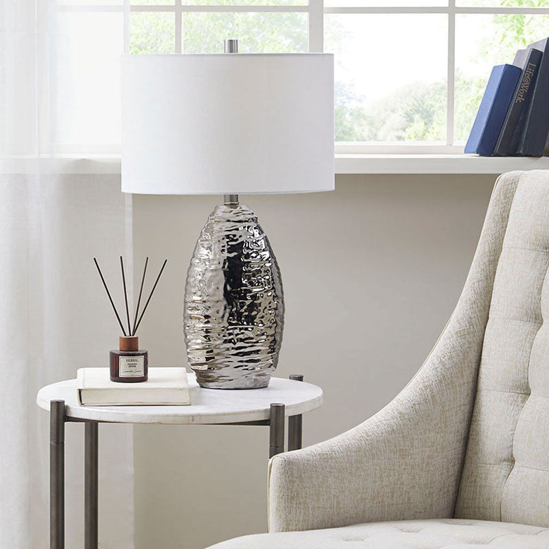 Oval Table Lamp With Silver Base, White Shade