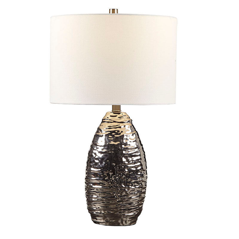 Oval Table Lamp With Silver Base, White Shade