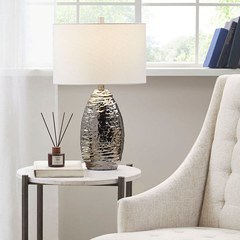 Oval Table Lamp With Silver Base, White Shade