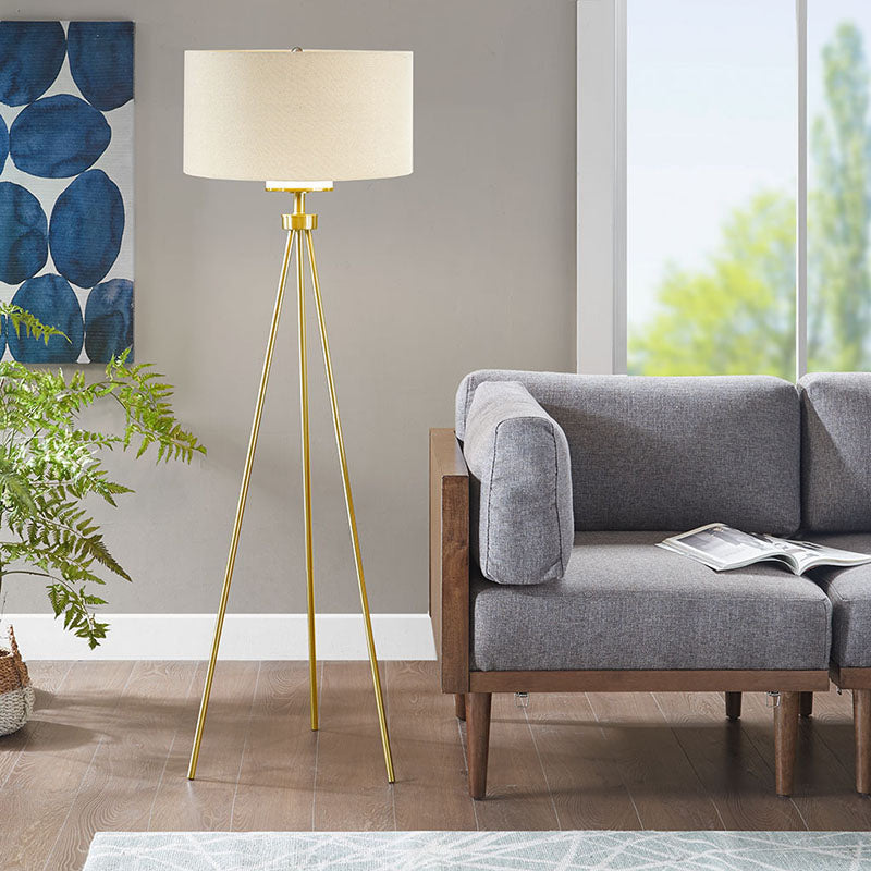 Modern Gold Metal Tripod Floor Lamp with Glass Shade