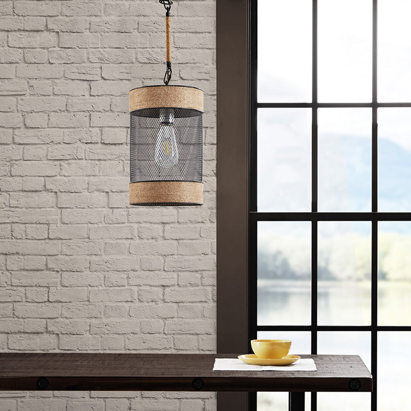 Metal Mesh Cylinder Pendant Light with Natural Rope