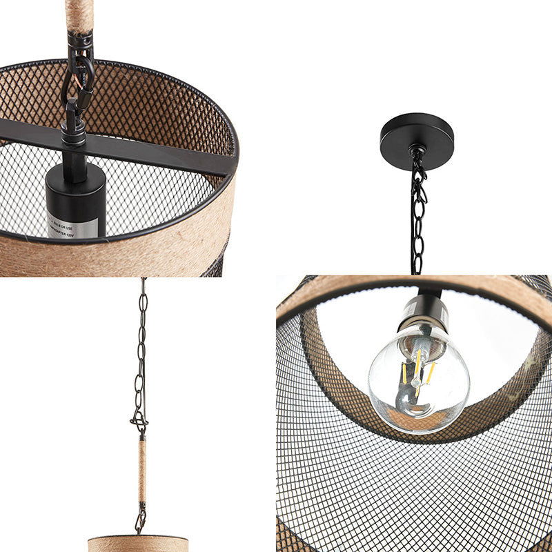 Metal Mesh Cylinder Pendant Light with Natural Rope