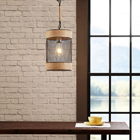 Metal Mesh Cylinder Pendant Light with Natural Rope