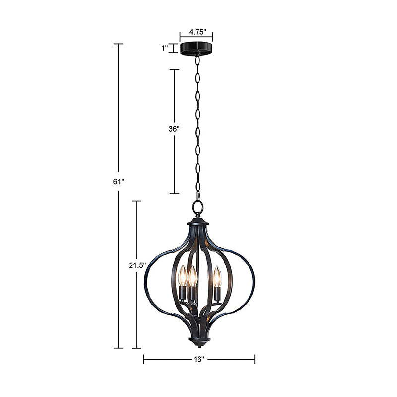 Black Metal Chandelier with 3-Light & Adjustable Chain