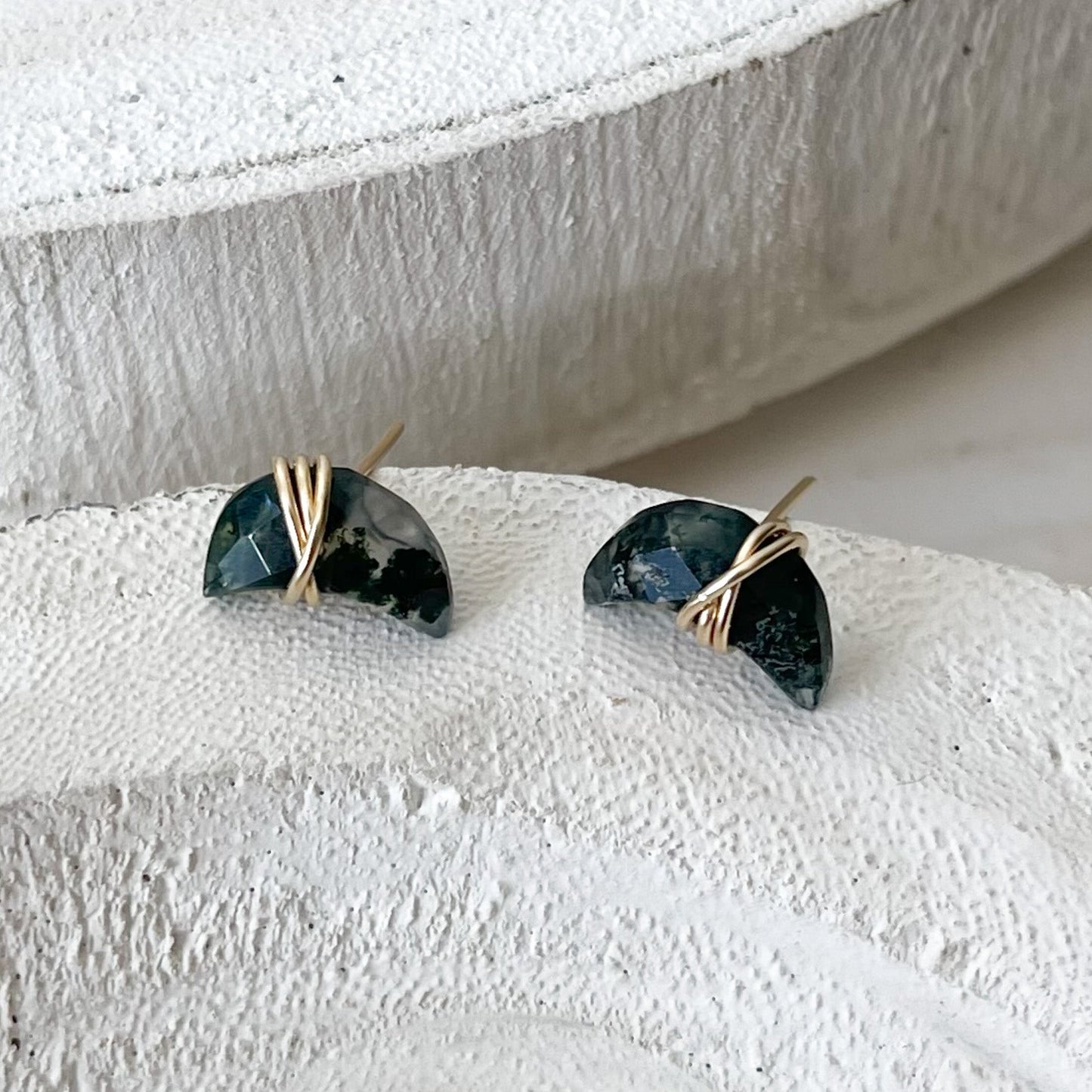 Gold Moonbeam Moss Agate Earrings