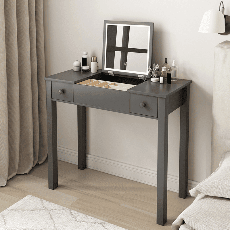 Glossy Grey Makeup Vanity Table with LED Lights