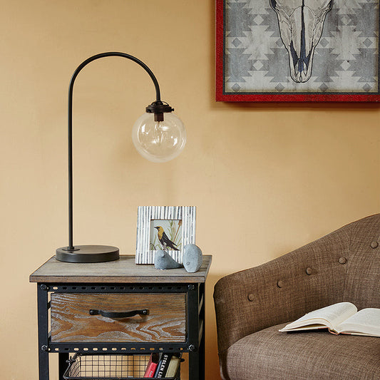 Black Arched Metal Table Lamp with Glass Globe Bulb