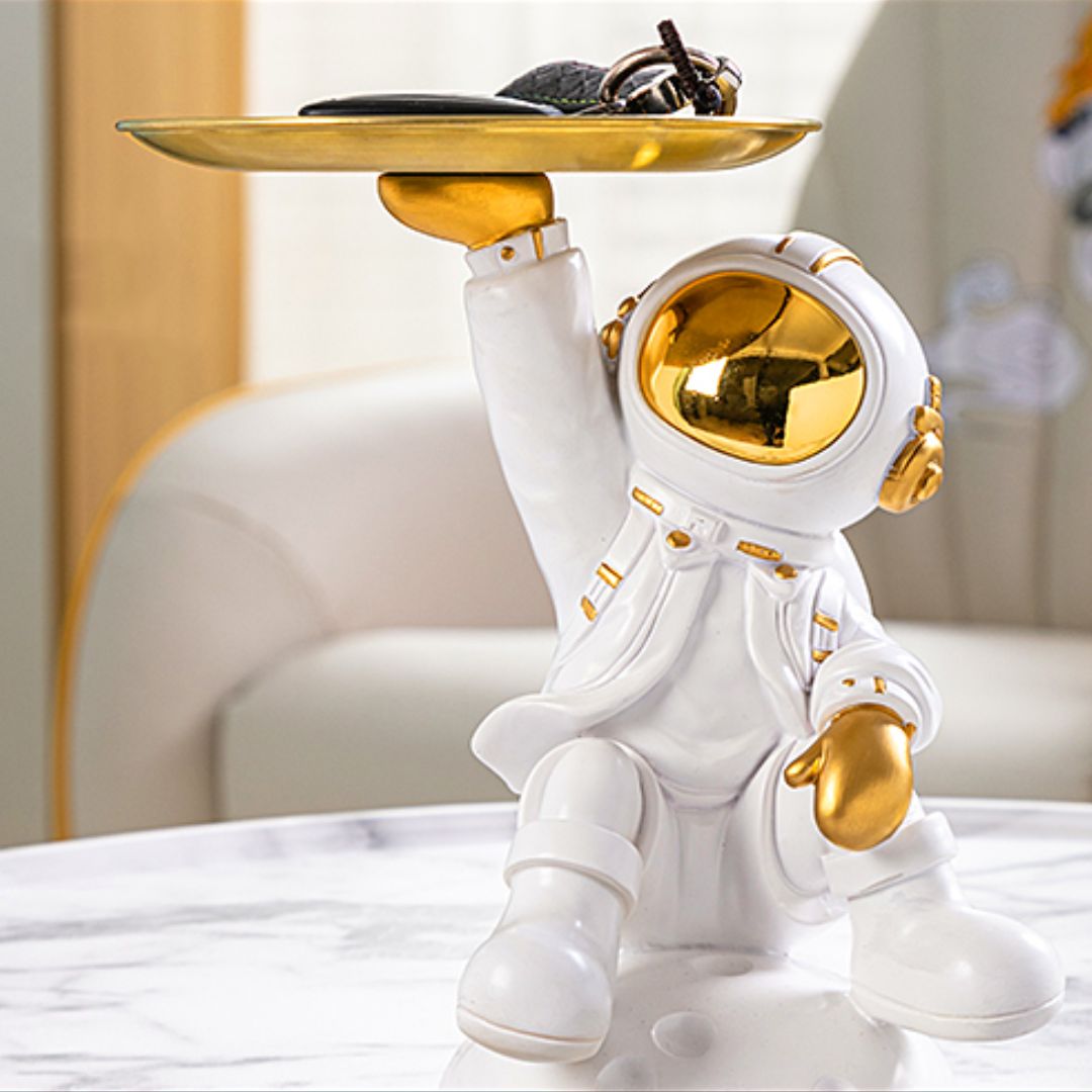 Decorative Astronaut Sculpture with Metal Tray