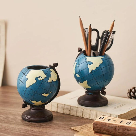 Creative Blue Globe Shape Desktop Pen Holder