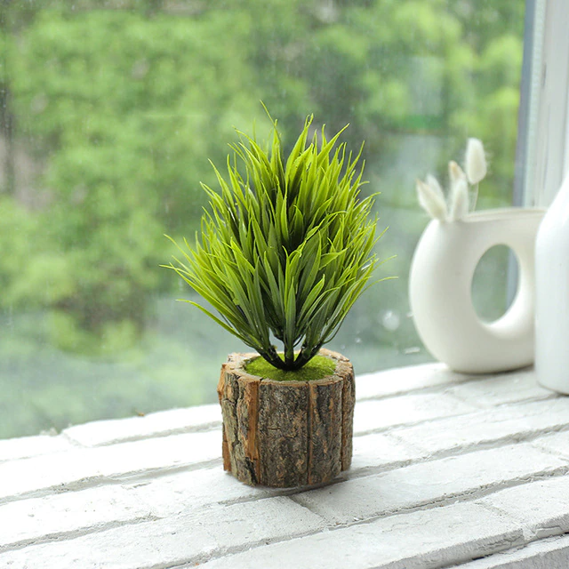 Wood Planter Pot with Artificial Plants