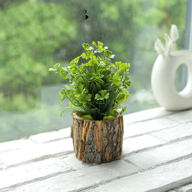 Wood Planter Pot with Artificial Plants