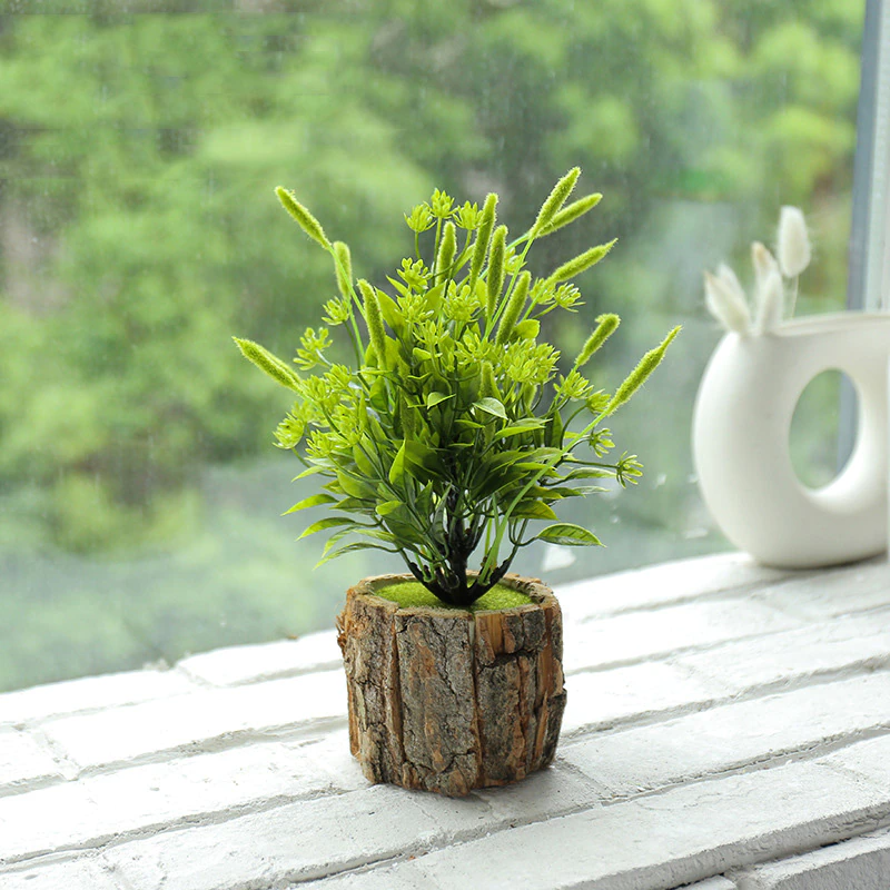 Wood Planter Pot with Artificial Plants