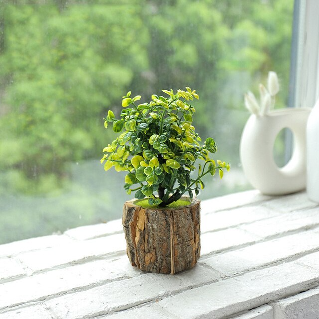 Wood Planter Pot with Artificial Plants