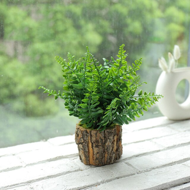 Wood Planter Pot with Artificial Plants