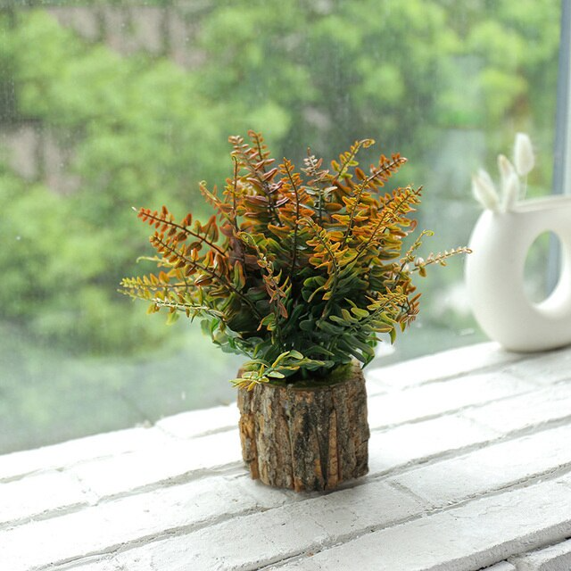 Wood Planter Pot with Artificial Plants