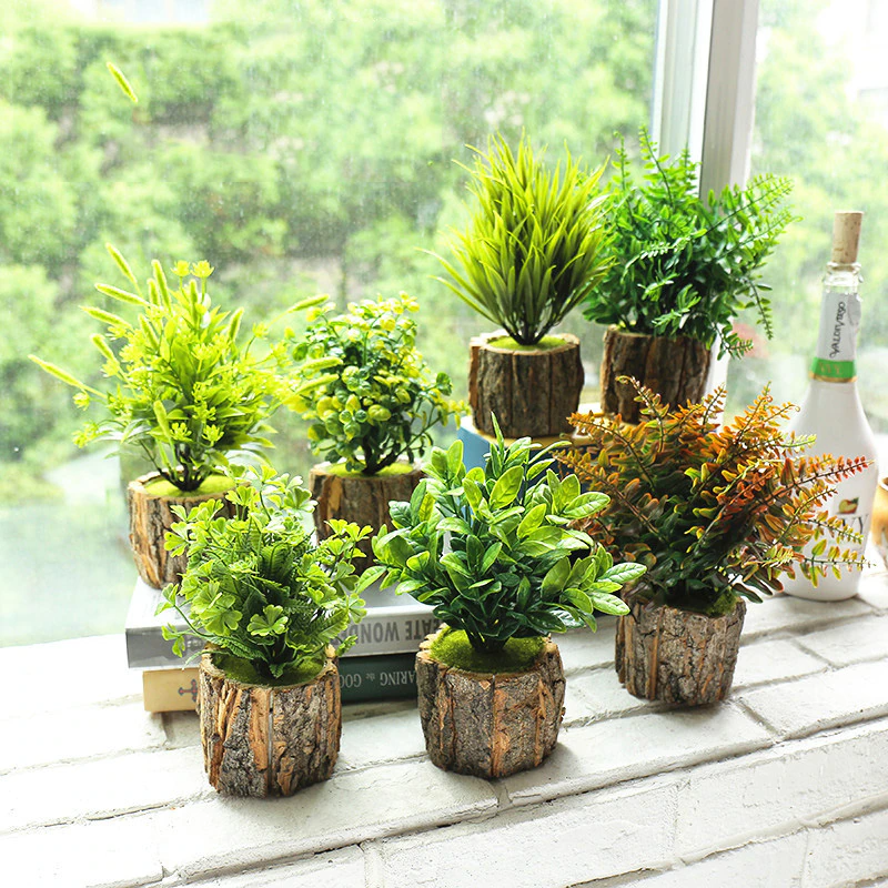 Wood Planter Pot with Artificial Plants