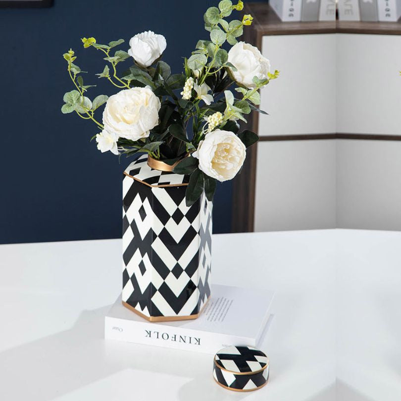 Modern Geometric Black and White Striped Storage Jar