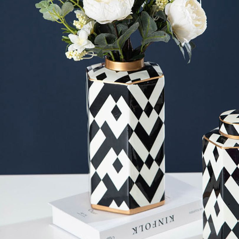 Modern Geometric Black and White Striped Storage Jar