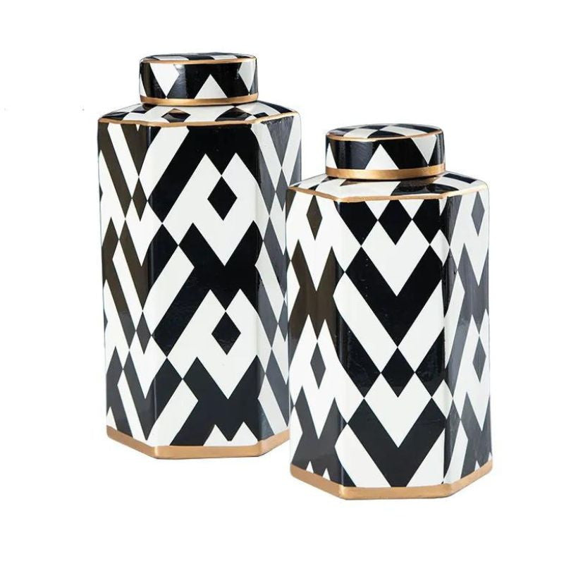 Modern Geometric Black and White Striped Storage Jar