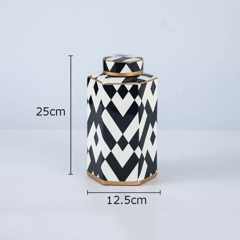 Modern Geometric Black and White Striped Storage Jar