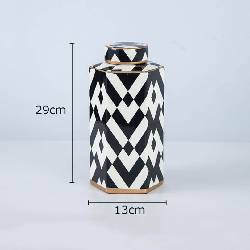 Modern Geometric Black and White Striped Storage Jar