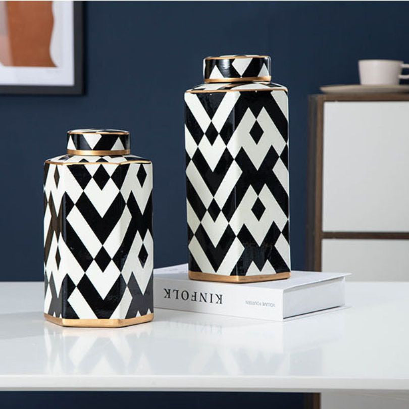 Modern Geometric Black and White Striped Storage Jar